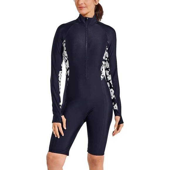 Coolibar Alana Knee Length Swimsuit Long UPF 50+ Black Floral Colorblock Size L - Picture 2 of 11